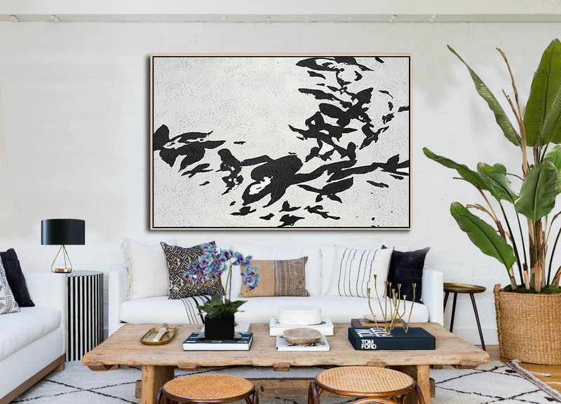 Hand Painted Acrylic Painting,Oversized Horizontal Minimal Art On Canvas, Black And White Minimalist Painting - Huge Abstract Canvas Art